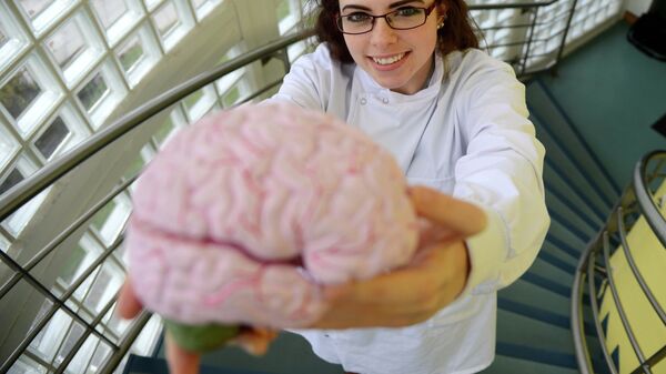 Ученый держит в руках мозг человека, страдавшего болезнью Альцгеймера. Архивное фото