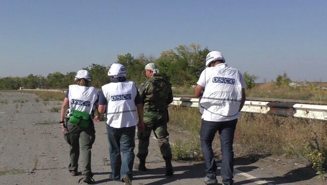 Солдат ВСУ в сопровождении наблюдателей миссии ОБСЕ. Архивное фото