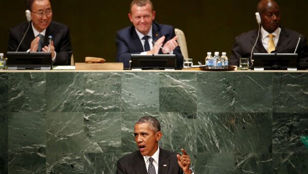 Президент США Барак Обама во время выступления на Генассамблее ООН. 27 сентября 2015