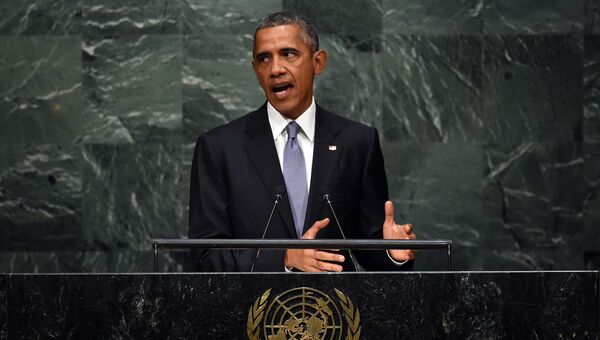 Президент США Барак Обама во время выступления на Генассамблее ООН. 28 сентября 2015