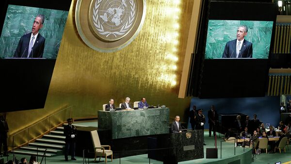 Президент США Барак Обама во время выступления на Генассамблее ООН. 28 сентября 2015