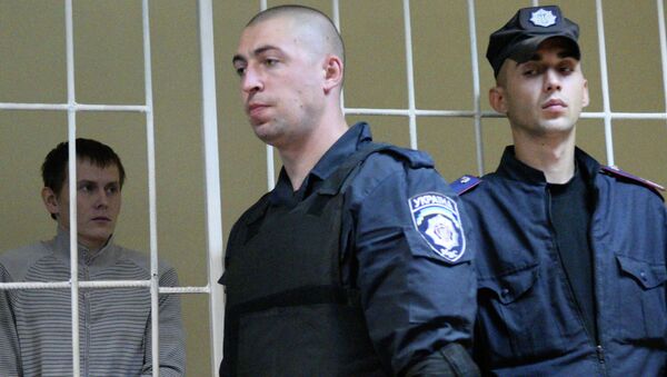 Россиянин Александр Александров, один из двух задержанных на Украине в мае 2015 года, на заседании Голосеевского районного суда Киева.Архивное фото