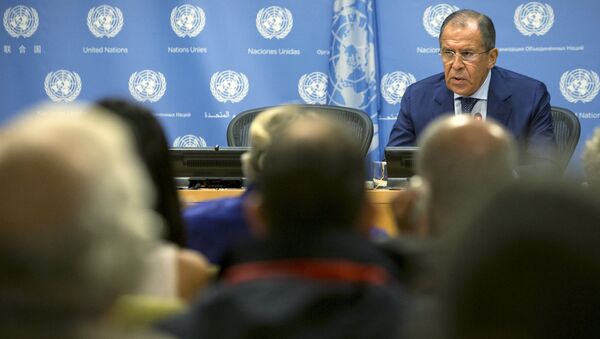 Глава МИД России Сергей Лавров на пресс-конференции в ООН