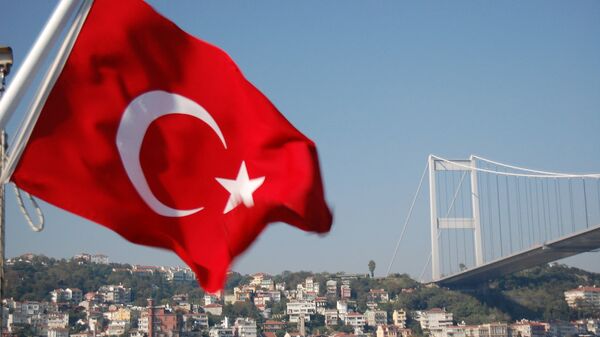 Турецкий флаг на фоне моста через Босфор в Стамбуле. Турция. Архивное фото
