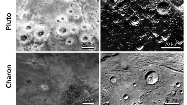 Фотографии кратеров на Плутоне и Хароне в разное время суток