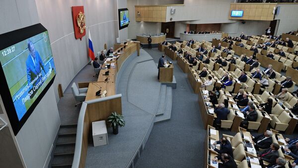Министр иностранных дел РФ Сергей Лавров выступает на правительственном часе на заседании Государственной Думы РФ