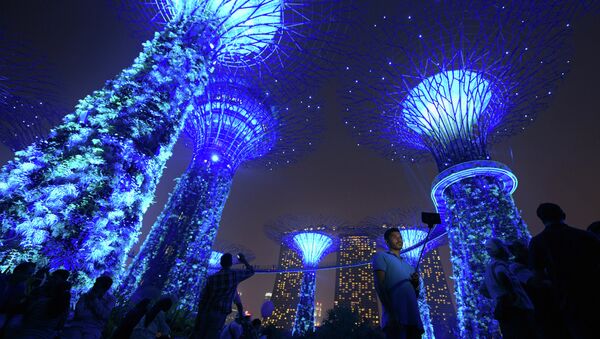 Cады у залива в Сингапуре подсвечены синим в день 70-летия ООН