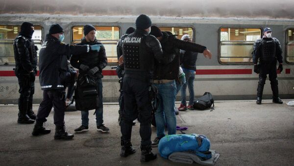 Словенские полицейские осуществляют досмотр мигрантов, прибывших на поезде из Хорватии. Архивное фото