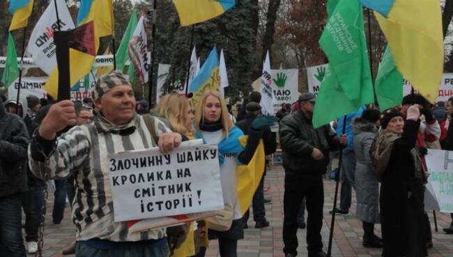 Сторонник УКРОПа вышел на митинг у Рады с плакатом против шайки Кролика