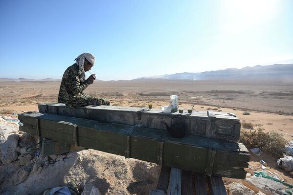 Солдат 18 дивизии 3 корпуса Сирийской Арабской Армии (САА) курит на боевых позициях в 20 километрах от города Пальмира