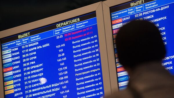 Табло с информацией о вылетах в аэропорту Домодедово в Москве. Архивное фото