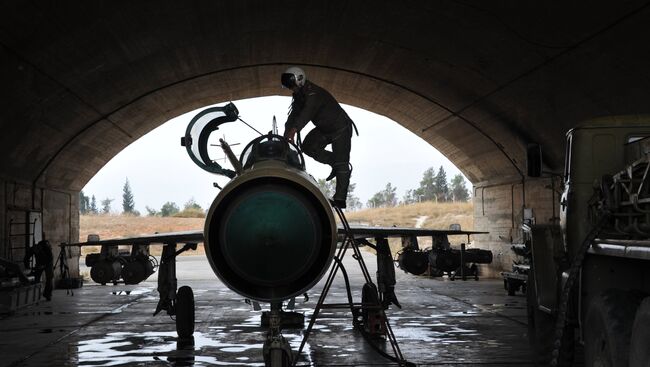 Сирийский летчик осматривает самолет МИГ-21 сирийских ВВС. Архивное фото