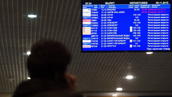 Табло с информацией о вылетах в аэропорту Домодедово в Москве. Архивное фото