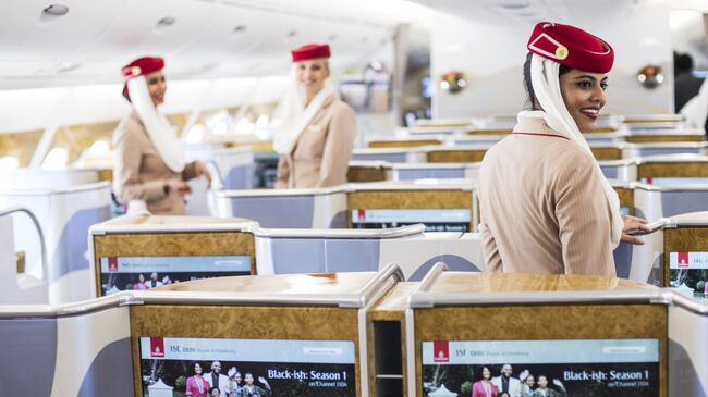 Салон пассажирского самолета Airbus A380-800 авиакомпании Emirates Airline. Архивное фото