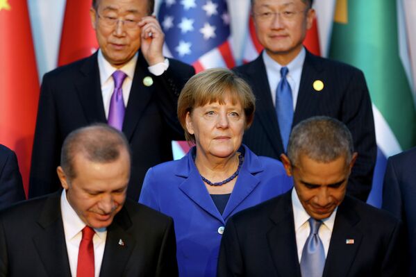 Президент Турции Реджеп Тайип Эрдоган, канцлер Германии Ангела Меркель и президент США Барак Обама во время саммита G20 в Турции
