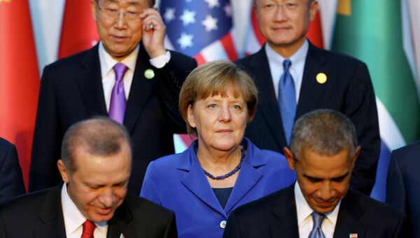 Президент Турции Реджеп Тайип Эрдоган, канцлер Германии Ангела Меркель и президент США Барак Обама во время саммита G20 в Турции