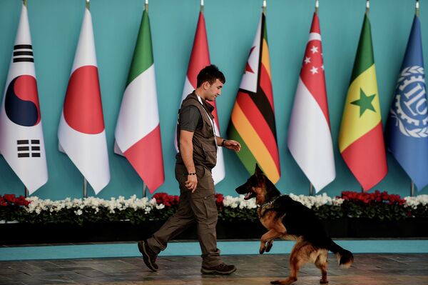 Полицейский с собакой перед церемонией встречи лидеров G20 в Турции