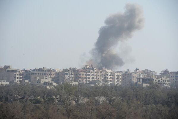 Солдаты Сирийской арабской армии наносят удары по позициям террористов в городе Дума в пригороде Дамаска в ходе спецоперации САА