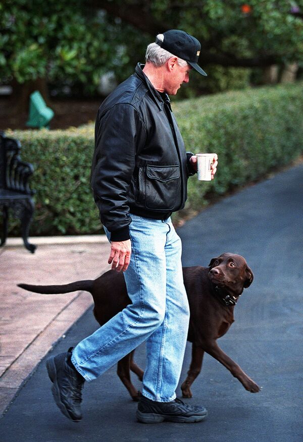 Американский политик Билл Клинтон с собакой. Вашингтон