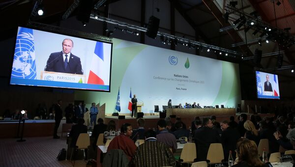 Президент России Владимир Путин выступает на климатической конференции ООН в Париже