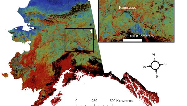 Карта вечной мерзлоты (красный – 0% площади, синий – 100% площади) на Аляске в 2100 году