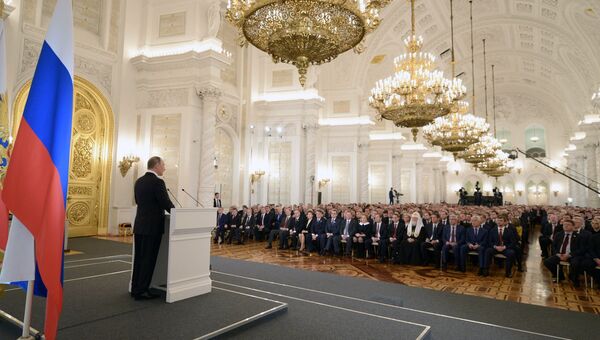 Президент России Владимир Путин во время оглашения ежегодного послания президента Российской Федерации Федеральному Собранию