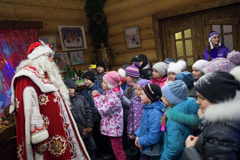 Посетители экскурсии по терему Деда Мороза в московской усадьбе Деда Мороза в Кузьминках