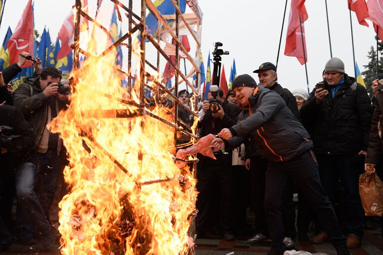 Участники акции протеста с требованием отставки правительства Украины перед зданием Верховной Рады в Киеве