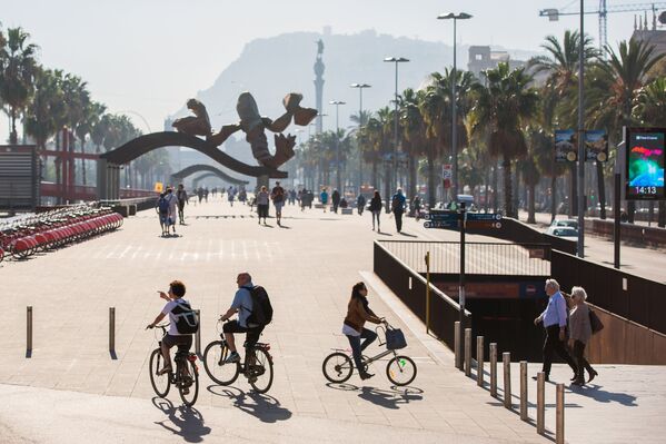 Скульптура Улыбающаяся креветка на бульваре Колумба в Барселоне