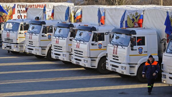Сотрудник МЧС России у автомобилей гуманитарного конвоя МЧС РФ в Донецкой области