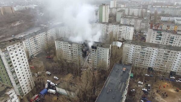 Тушение пожара после взрывов в Волгограде снимали с воздуха. ВИДЕО