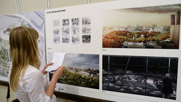 Эскиз проекта победителя конкурса на разработку архитектурной концепции парка на Ходынском поле итальянской компании LAND Milano Srl. Архивное фото