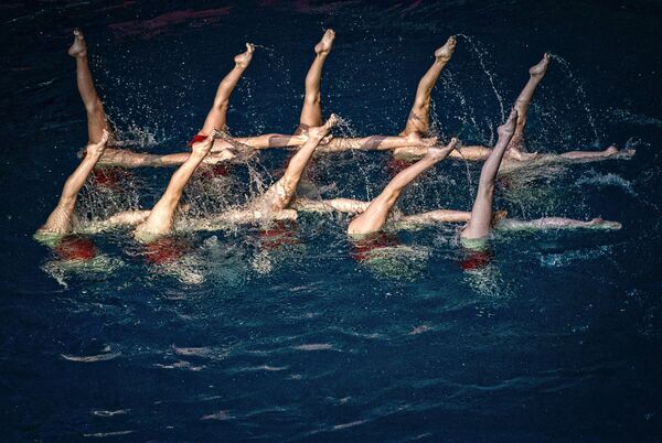 Участницы шоу Олимпийских чемпионов по синхронному плаванию в спорткомплексе Олимпийский
