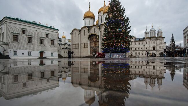 Украшение Новогодней елки на Соборной площади Кремля