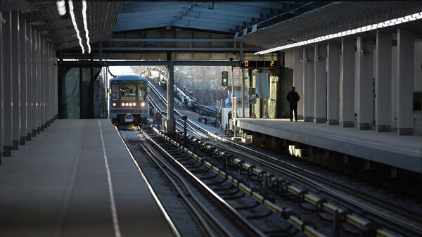 Поезд Московского метрополитена прибывает на платформу открывшейся 28 декабря новой станции метро Технопарк