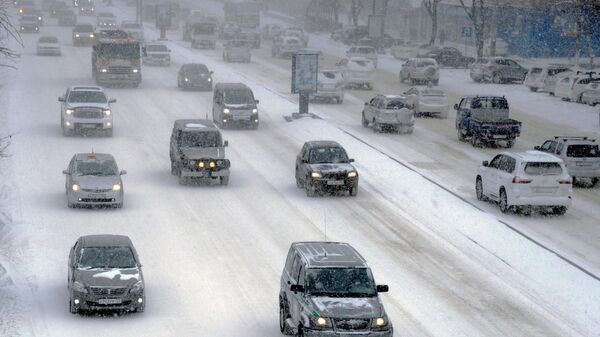 Автомобили во Владивостоке во время снежного циклона. Архивное фото