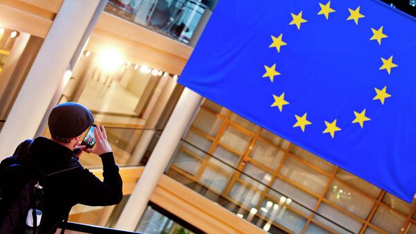 Турист фотографирует флаг Евросоюза