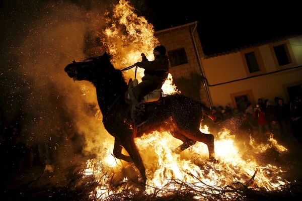 Человек едет на лошади через огонь во время ежегодного религиозного праздника Luminarias в канун дня Святого Антония