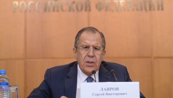 Министр иностранных дел России Сергей Лавров на пресс-конференции в Москве