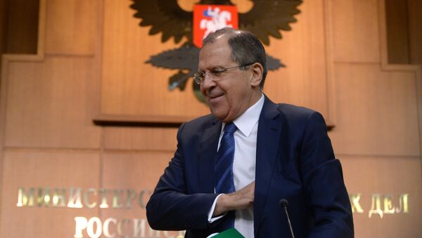 Министр иностранных дел России Сергей Лавров на пресс-конференции в Москве по итогам 2015 года