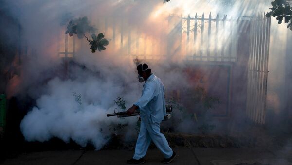 Медработник распыляет инсектициды для борьбы с комарами, переносящими вирус Зика, в Манагуа, Никарагуа