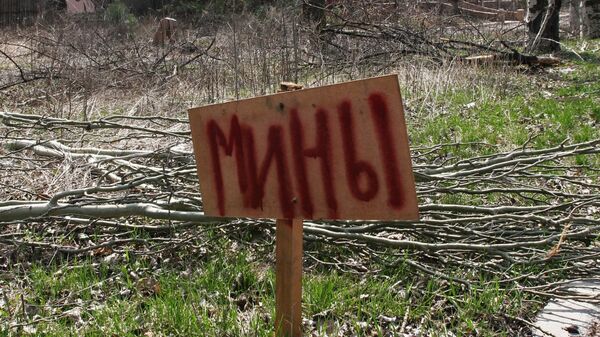Табличка с надписью мины в пригороде Донецка. Архивное фото