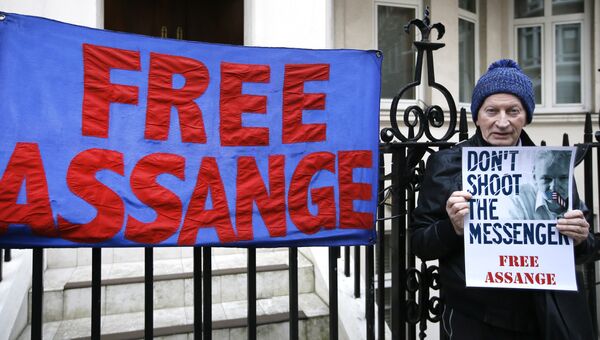 Сторонник Джулиана Ассанджа возле посольства Эквадора в Лондоне, Великобритания. 4 февраля 2016