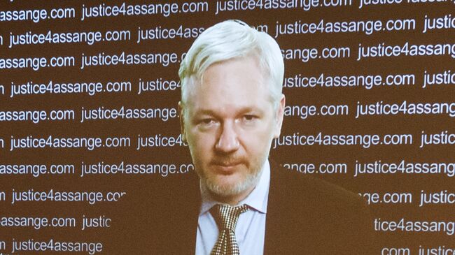 Сооснователь WikiLeaks Джулиан Ассанж (на экране) участвует в пресс-конференции по видеосвязи из посольства Эквадора в Лондоне. Архивное фото