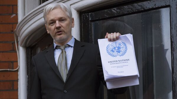 Сооснователь WikiLeaks Джулиан Ассанж выступает с речью с балкона посольства Эквадор. Архивное фото