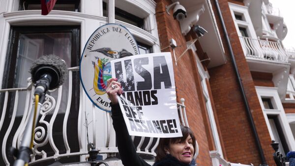 Митингующие перед посольством Эквадора в Лондоне, где выступил сооснователь WikiLeaks Джулиан Ассанж