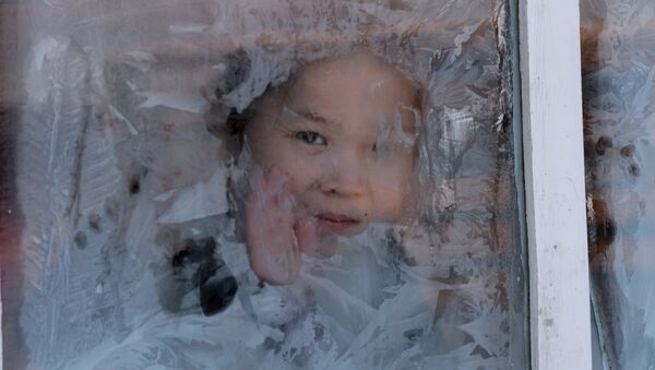 Девочка в окне домика на зимней чабанской стоянке в местечке Чумур-Ой Тес-Хемского кожууна Республики Тыва