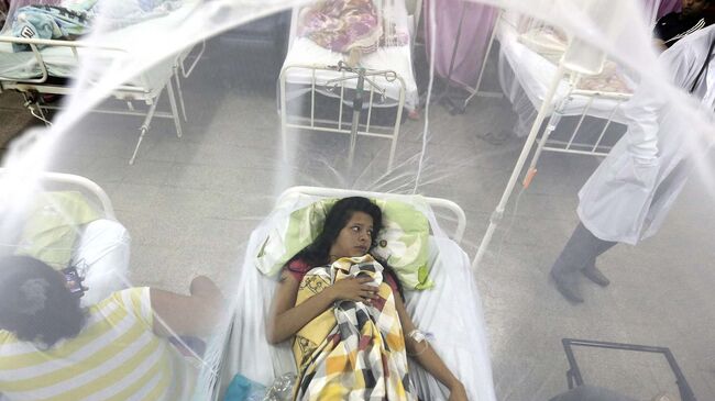 Девушка защищенная москитной сеткой в больнице в Луке, Парагвай. Архивное фото