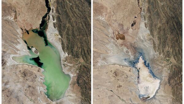 Озеро Поопо, Боливия. Апрель 2013 слева и январь 2016 справа