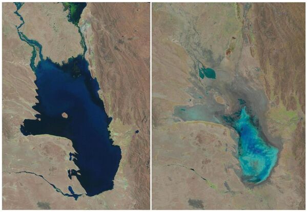 Озеро Поопо, Боливия. Октябрь 1986 слева и январь 2016 справа